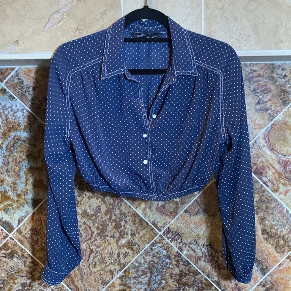 Zara Premium Denim Collection Navy Polka Dot Crop Long Sleeve Blouse Size Small - Picture 2 of 12